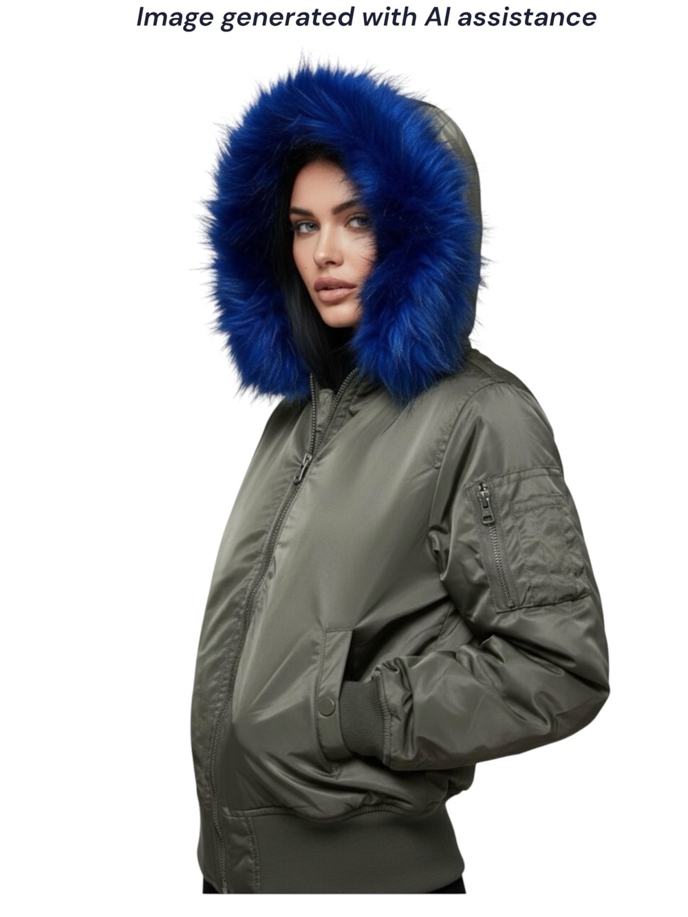 BNCI by Blanc Noir S olive with blue faux fur trim hood bomber jacket